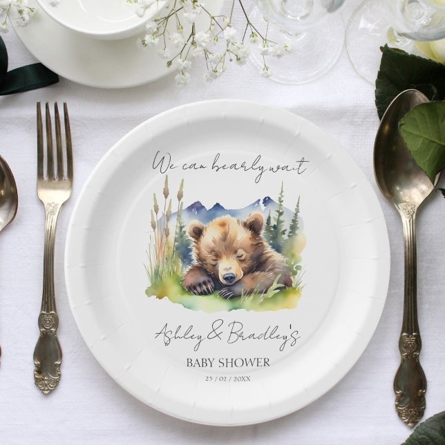Prato De Papel Aguardar cedo a aventura do filhote espera chá de  (Bearly wait bear cub adventure awaits baby shower paper plates personalized tableware cute baby bear)