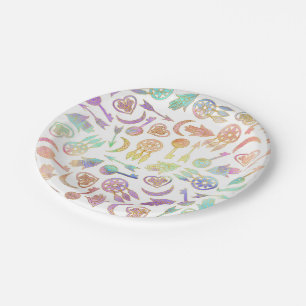 Prato De Papel Aguarela e símbolos populares Dourados no branco