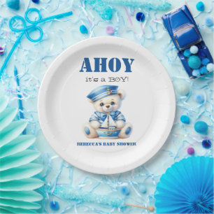 Prato De Papel Ahoy Chá de fraldas Náutico Blue Sailor Bear Boy