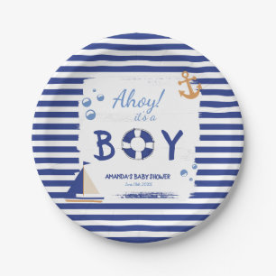 Prato De Papel Ahoy, é um menino! Chá de fraldas Azul Marinho do