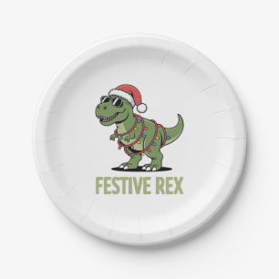 Prato De Papel Alegria de Férias do Dinossauro Rex Festivo