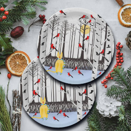 Prato De Papel Alegria de inverno - Gato com Cardeais de Árvores 