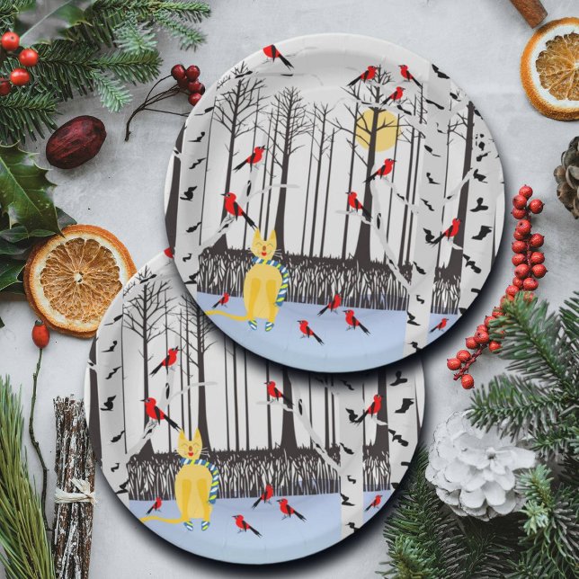 Prato De Papel Alegria de inverno - Gato com Cardeais de Árvores  (Criador carregado)