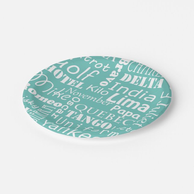 Prato De Papel Alfabeto Fonético Azul e Branco (Inclinado)