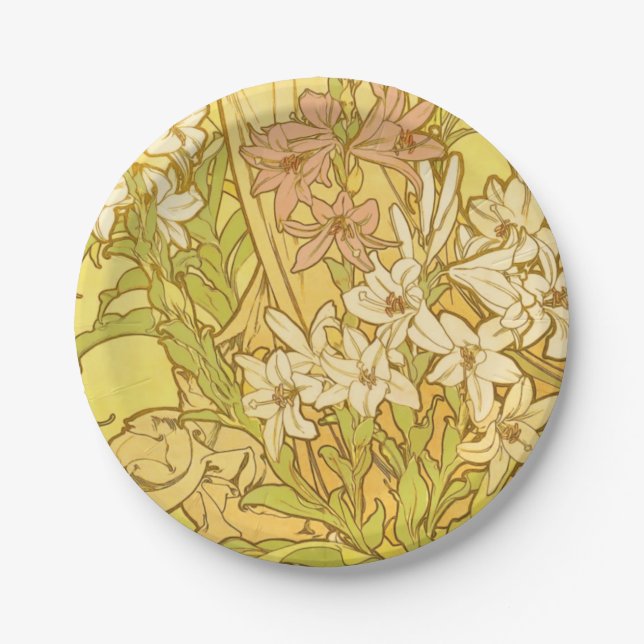 Prato De Papel Alfonse Mucha Art Nouveau Lily Flores (Frente)