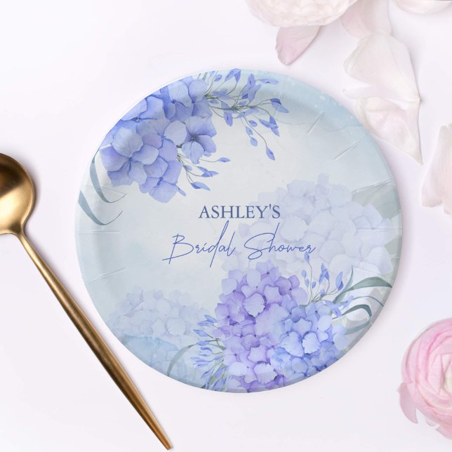 Prato De Papel Algo azul hydrangeas elegante chá de panela (Something blue before i do bridal shower blue hydrangeas personalized floral paper plates)