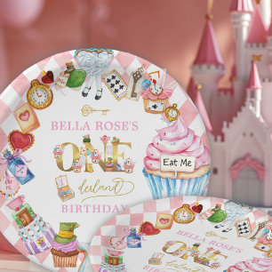 Prato De Papel Alice no País das Maravilhas 1º aniversário Rosa