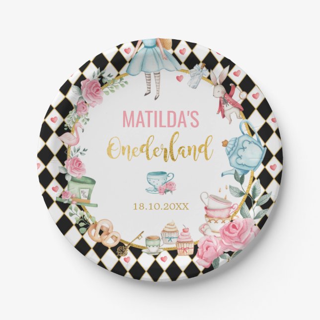 Prato De Papel Alice Rosa Negra em Favores do primeiro aniversari (Frente)