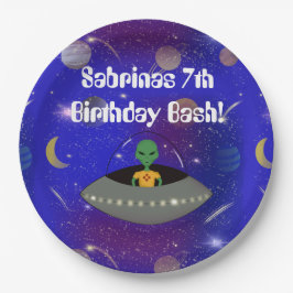 Prato De Papel Alienígena em espaçonave Vestindo camiseta do Novo