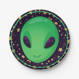 Prato De Papel Alienígena Verde Bonita Em Estrelas Douradas Dive