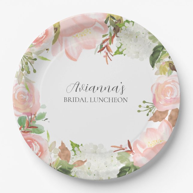 Prato De Papel Almoço de Noiva com Flores Rosa (Frente)