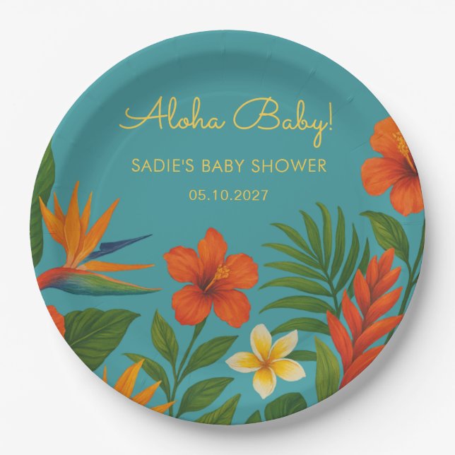 Prato De Papel Aloha Bebê! Chá de Bebê Tropical Chic (Frente)