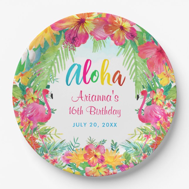 Prato De Papel Aloha Tropical Flamingo Birthday Luau Paper Plates (Frente)