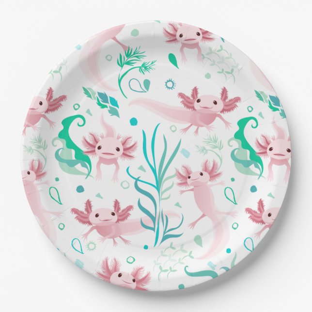 Prato De Papel Alotta Axolotls rosa em branco (Frente)