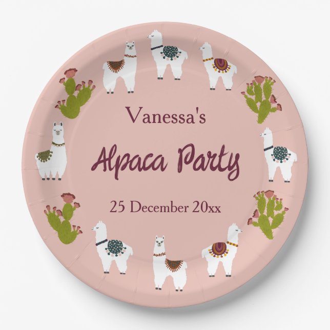 Prato De Papel Alpaca Party Cactus Pink Birthday (Frente)