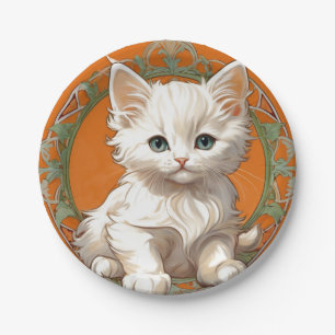 Prato De Papel Alphonse Mucha Art Nouveau White Kitten