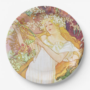 Prato De Papel Alphonse Mucha Primavera Floral Vintage Art Nouvea