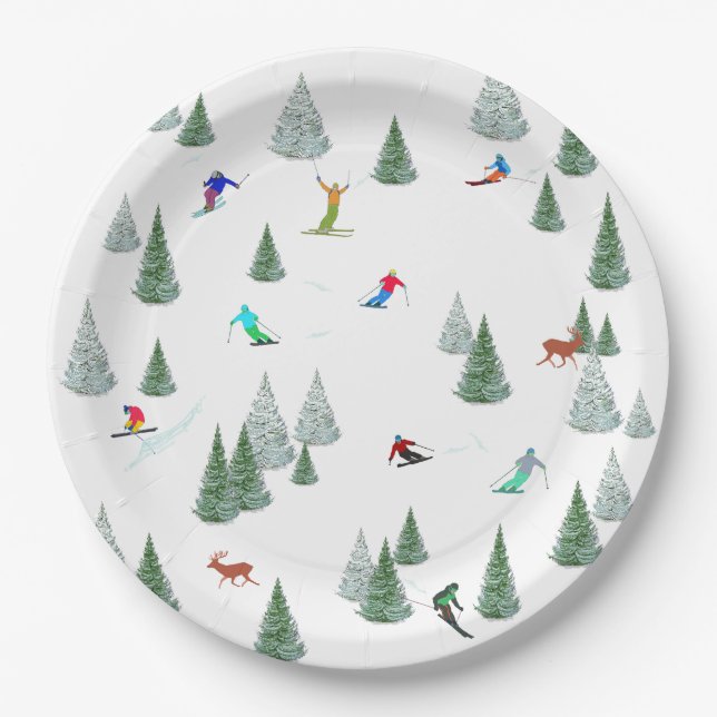 Prato De Papel Alpine Skiers Downhill Skiing Illustration  (Frente)