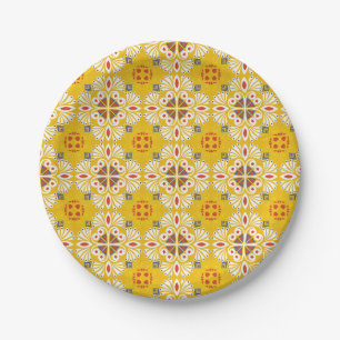 Prato De Papel amarelo, branco e laranja floral e geométrico