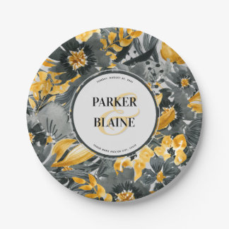 Prato De Papel Amarelo + Cinza Floral Aquarela Casamento Monogram