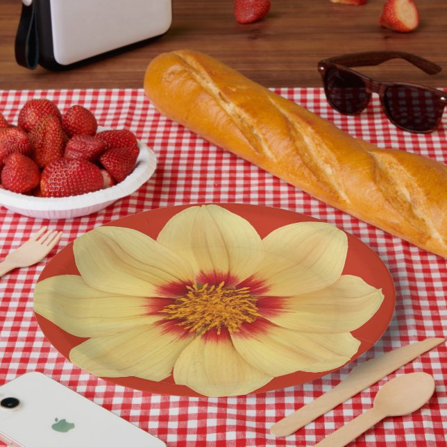 Prato De Papel Amarelo Dahlia na Floral Vermelha (Piquenique)