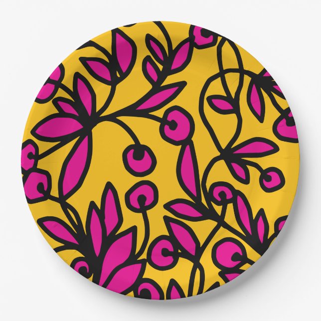Prato De Papel Amarelo e rosa doodle (Frente)