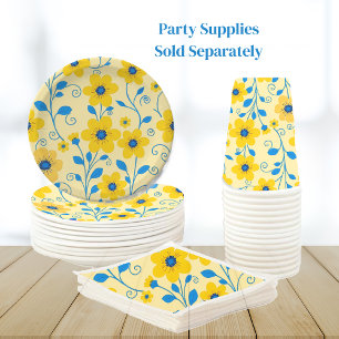 Prato De Papel Amarelo-Manteiga e Floral Azul