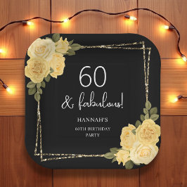 Prato De Papel Amarelo Negro e Dourado Floral 60º Aniversário
