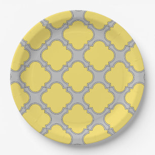 Prato De Papel Amarelo quatrefoil e cinza