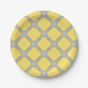 Prato De Papel Amarelo quatrefoil e cinza