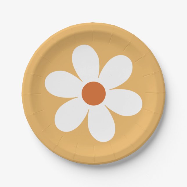 Prato de papel amarelo Retro Daisy Boho (Frente)