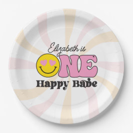 Prato De Papel Amarelo rosa Um Bebê Feliz Primeiro Aniversário