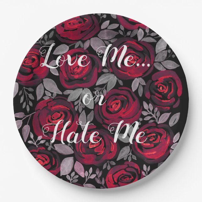 Prato De Papel Ame-me. Rosa, vermelho, rosas vermelhas, aquarela, (Frente)