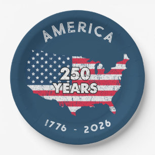 Prato De Papel América 250 Anos 1776–2026 EUA Mapa Bandeira Patri