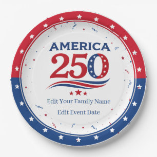 Prato De Papel AMÉRICA 250 - Vermelho Branco Azul Personalizado p