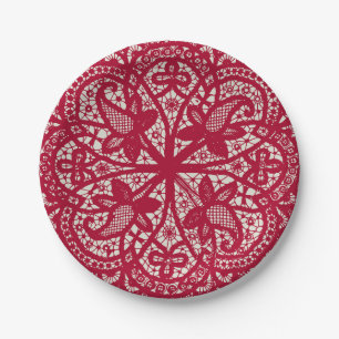 Prato De Papel American Doily & Lace, 6, Red On Cream