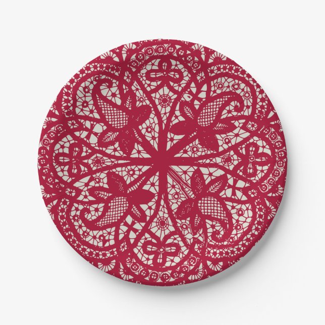 Prato De Papel American Doily & Lace, 6, Red On Cream (Frente)