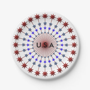 Prato De Papel Americana, branco vermelho e azul com estrelas
