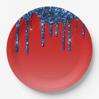Prato De Papel Americana Red Blue Glitter Drip