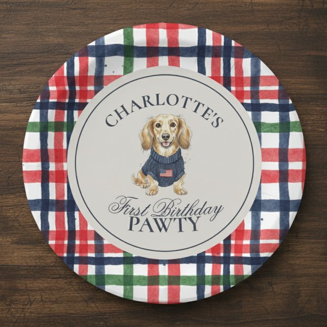 Prato De Papel Americana Vintage Dachshund Primeiro Aniversário (Celebrate your little one’s special day with this Vintage Americana Plaid Dachshund paper plate!)