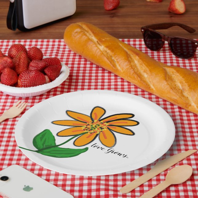 Prato De Papel Amor Cresce Amarelo Laranja Floral (Piquenique)