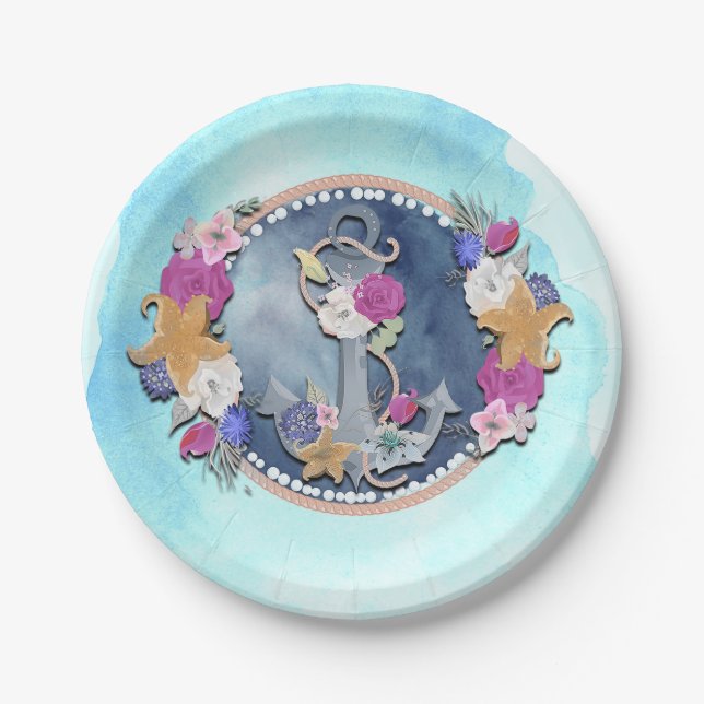 Prato De Papel Anchor Floral Náutico Moderno da Cor da Água Azul (Frente)