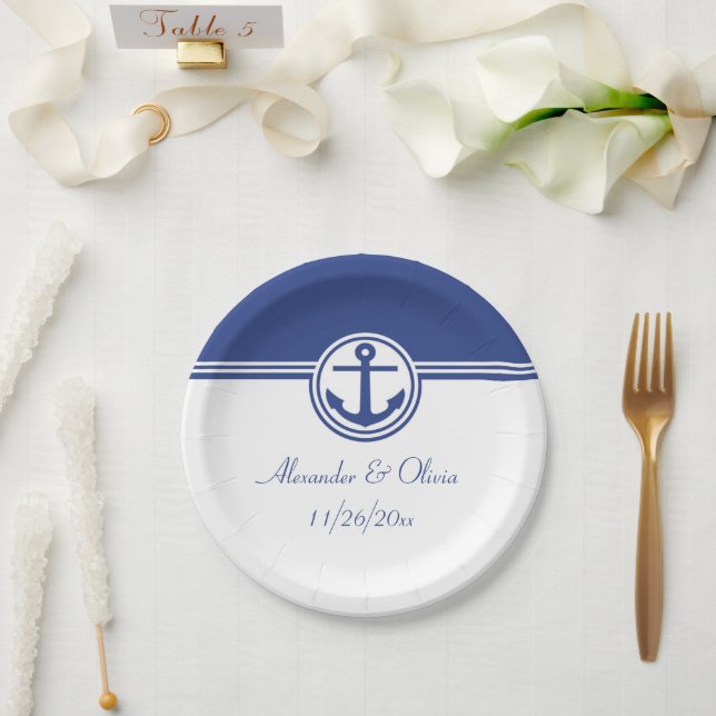 Prato De Papel Âncora Náutica Azul marinho (Casamento)