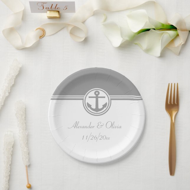 Prato De Papel Âncora Náutica cinza (Casamento)