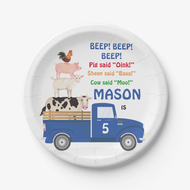 Prato De Papel Animais Azuis Carro de Papel de Aniversário (Frente)