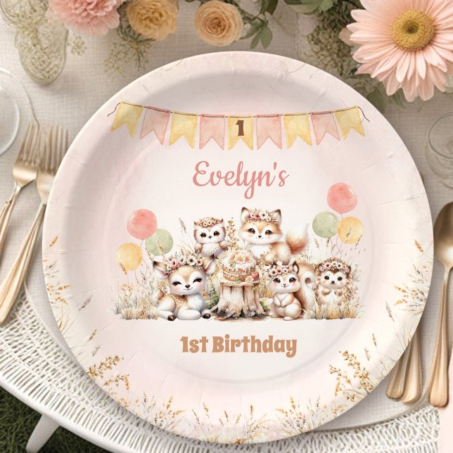 Prato De Papel Animais da Floresta Boho Pastel primeiro aniversar (Woodland Animals Boho Pastel Girl 1st Birthday Paper Plates)