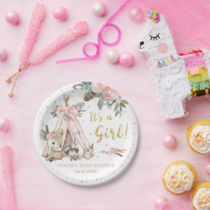 Prato De Papel Animais da Floresta Boho Tribal Girl Chá de fralda