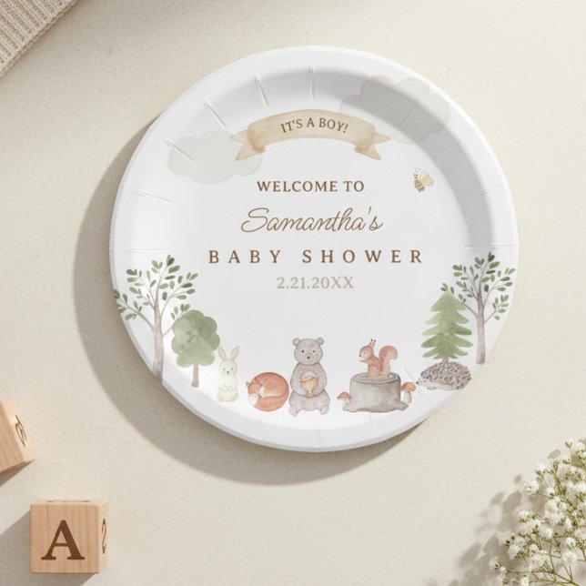 Prato De Papel Animais da Floresta Chá de Bebê (Woodland Animals Baby Shower Paperplate)