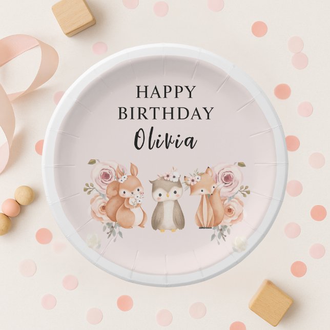 Prato De Papel Animais da Floresta Rosa de Aniversário (Criador carregado)