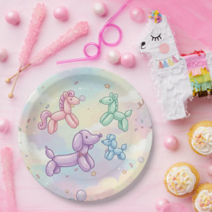 Prato De Papel Animais de Balão Pastel Fofo de Aniversário